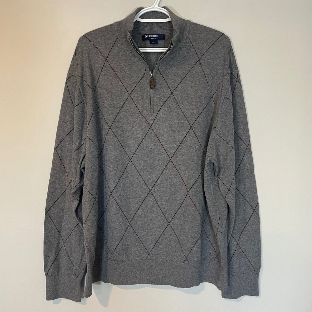 Cremieux Classics Mens XL Grey Argyle Silk Blend Quarter Zip Sweater‎ Mock Neck